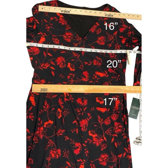 Lauren Ralph Lauren Dress 16 Surplice Jersey Faux Wrap Black Red Midi - Picture 9 of 15